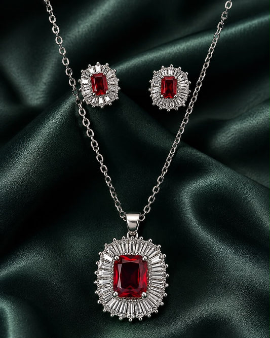 Royal Red Crystal Necklace & Earrings Set