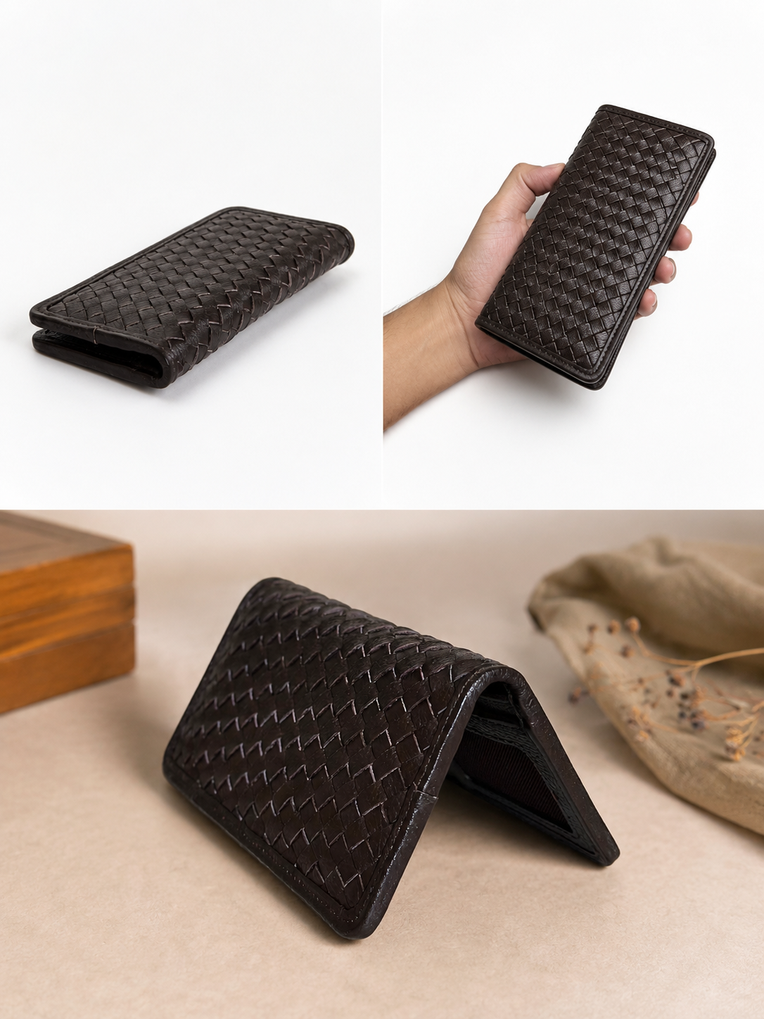 Hand knitted double layered 100% leather long wallet