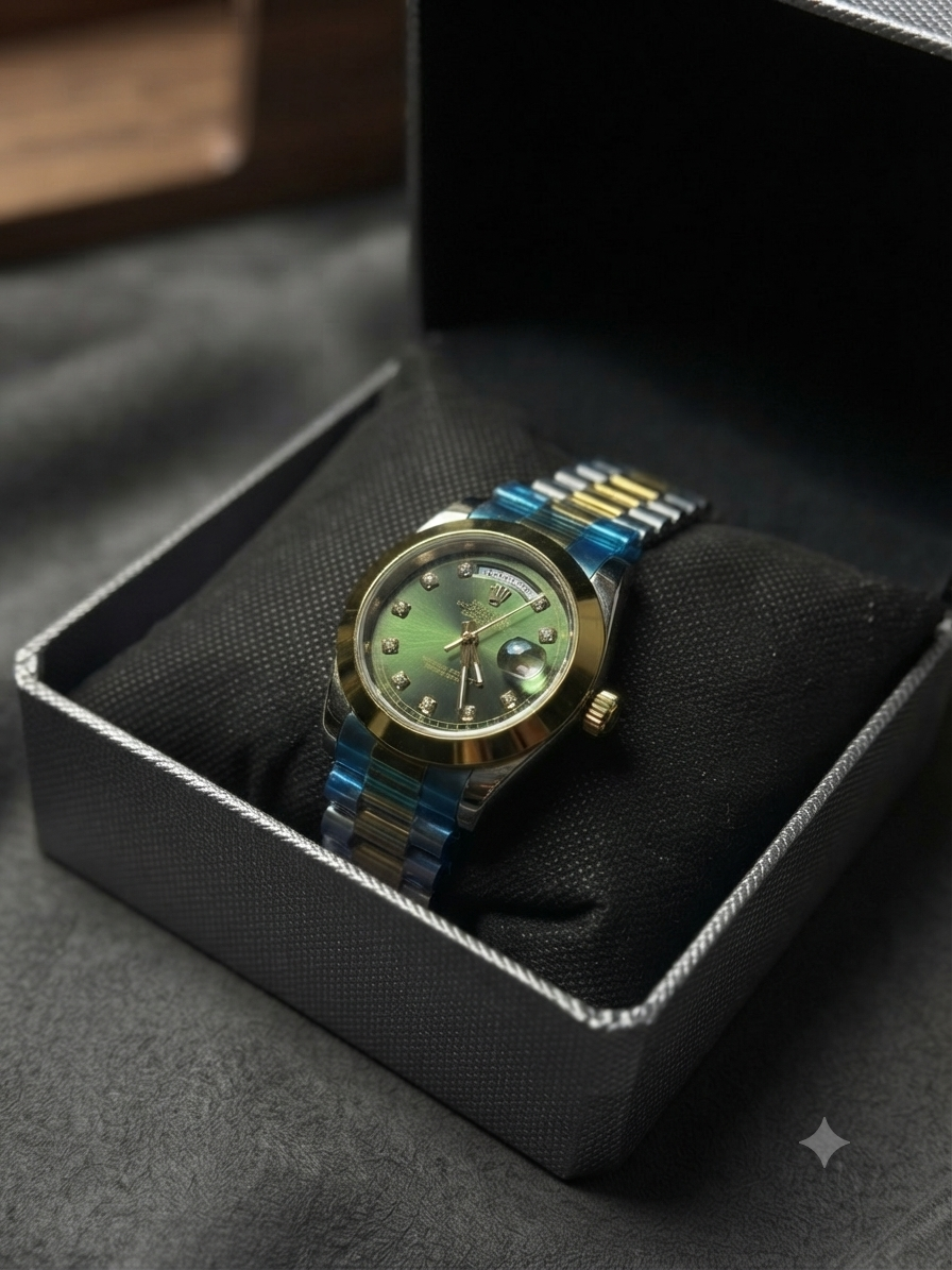 Rolex silver golden green dial day date