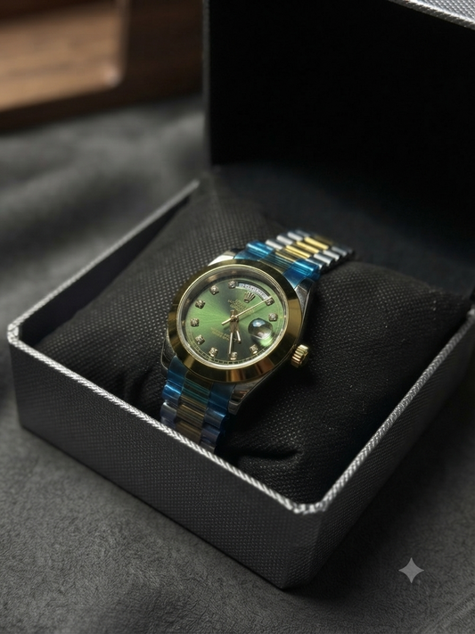 Rolex silver golden green dial day date